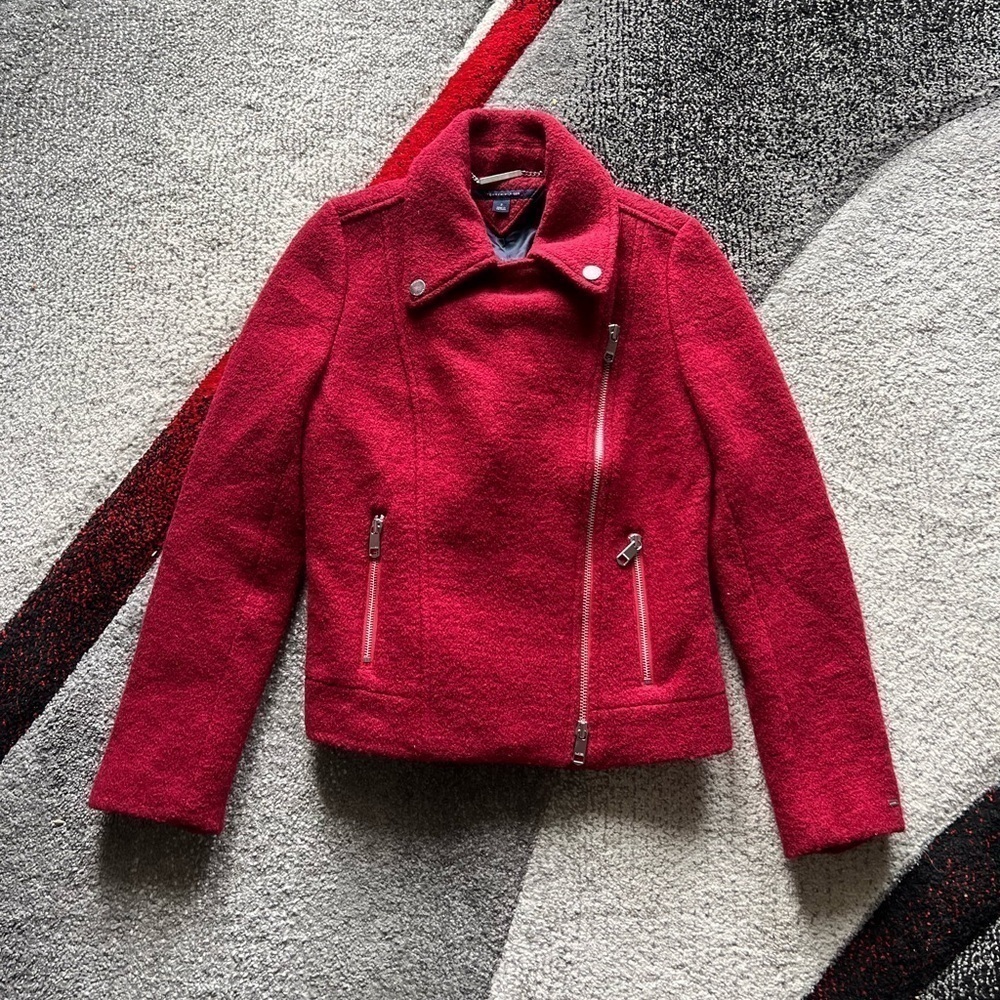 Tommy Hilfiger Red Wool Blend Moto Jacket